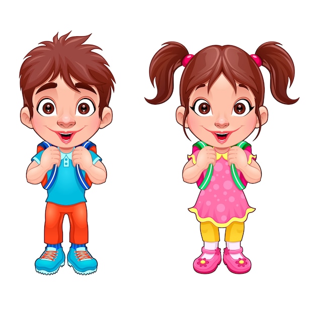 Funny young boy and girl students vector cartoon isolated characters