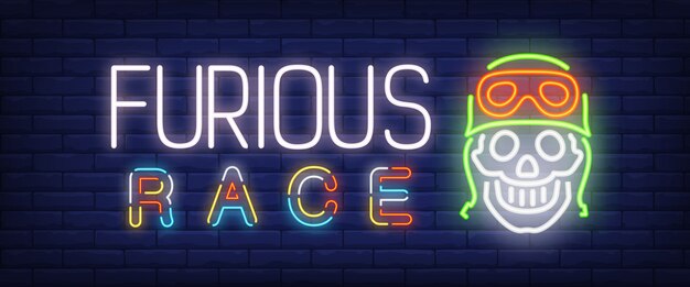 Furious race neon text with skull in helmet