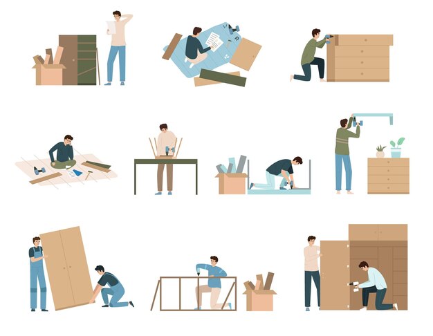 Free Vector furniture assembly flat set of isolated icons with characters of working people with rulers and tools vector illustration