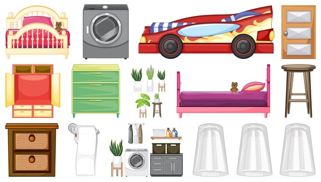 Furniture and household appliances on white background