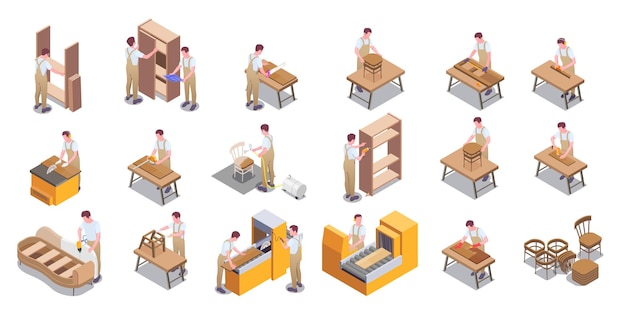 Furniture production by modern hand craftsman big isometric icons set with woodworking upholstering assembling painting vector illustration