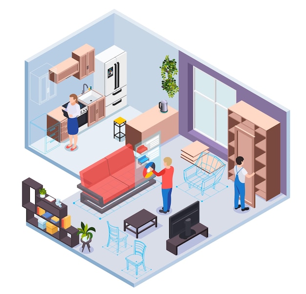 Furniture showroom with virtual reality service kitchen and living room sections visitor and worker characters isometric