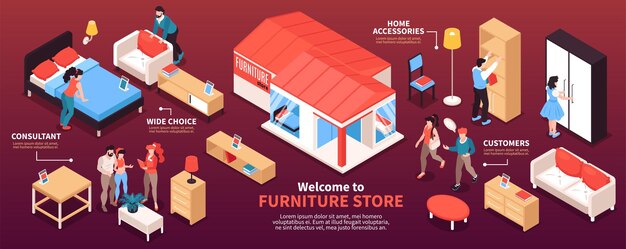 Furniture store horizontal infographic layout with consultant customers wide choice of furniture samples and home accessories