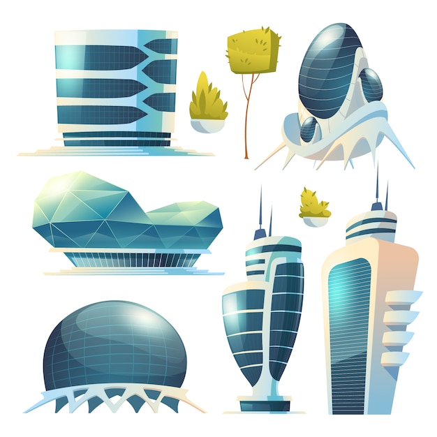 Free Vector future city, futuristic glass buildings of unusual shapes and green plants isolated