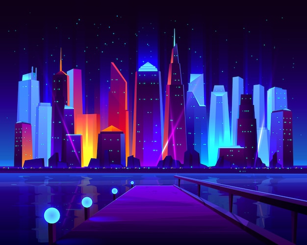 Free Vector future metropolis seafront with illuminating neon colors lights futuristic skyscrapers