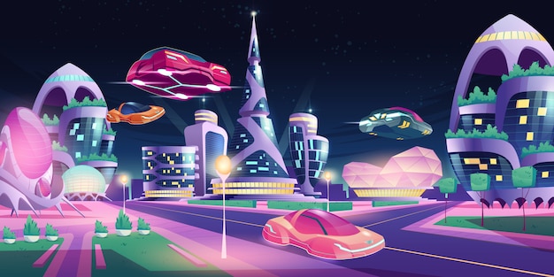 Future night city futuristic buildings flying cars