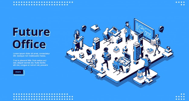 Free Vector future office isometric landing, human and robots