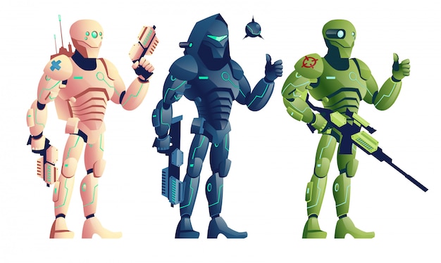 Free Vector future robotic soldiers, cyborg medic armed pistols, saboteur with shotgun and explosive