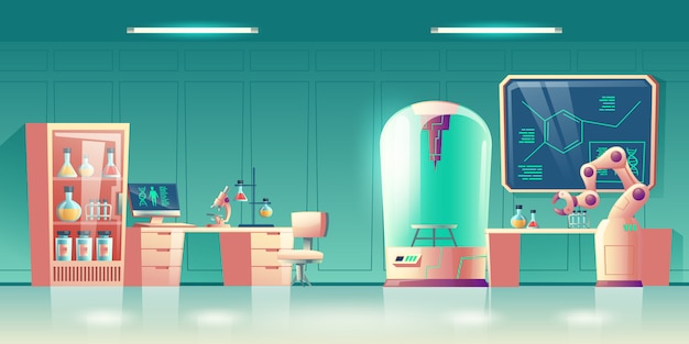 Future science laboratory, human genetics researcher workplace interior cartoon 