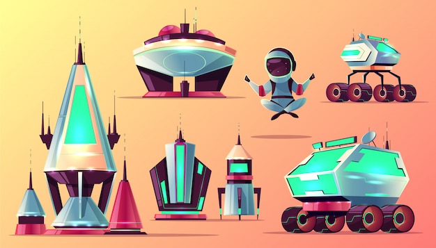 Free Vector future space exploring technologies, planets colonization architecture cartoon 