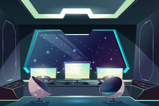 Free Vector future spaceship captains bridge, command post interior cartoon 