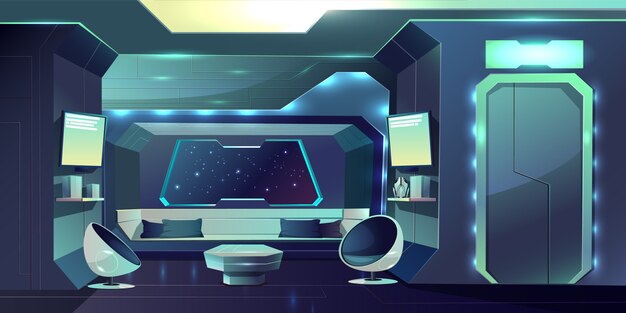 Free Vector future spaceship crew cabin futuristic interior cartoon illustration.