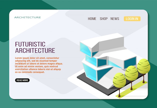 Free Vector futuristic architecture building from glass and concrete isometric landing web page on light