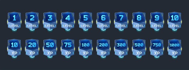 Futuristic badges with level number and experience points for game ui design vector cartoon icons of...