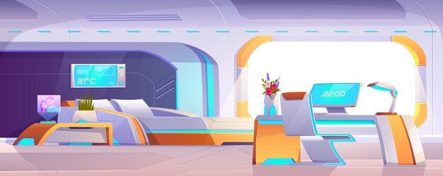 Futuristic bedroom with furniture, empty apartment or space ship interior