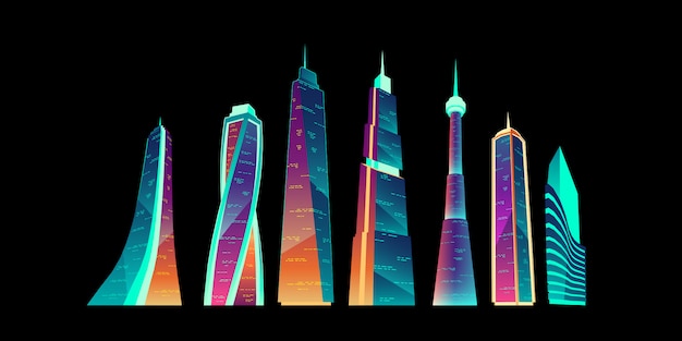 Futuristic city buildings with neon glowing set.