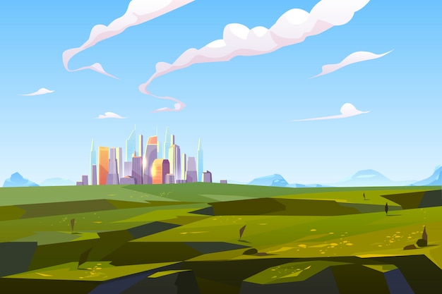 Free Vector futuristic city in green valley among mountains