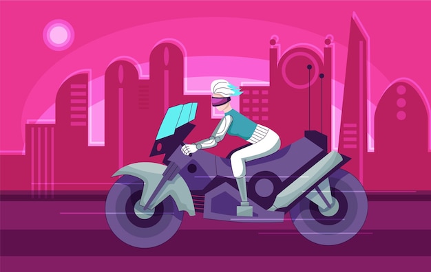 Free Vector futuristic cyberpunk people urban background with female robot racing fast on motorcycle flat vector illustration