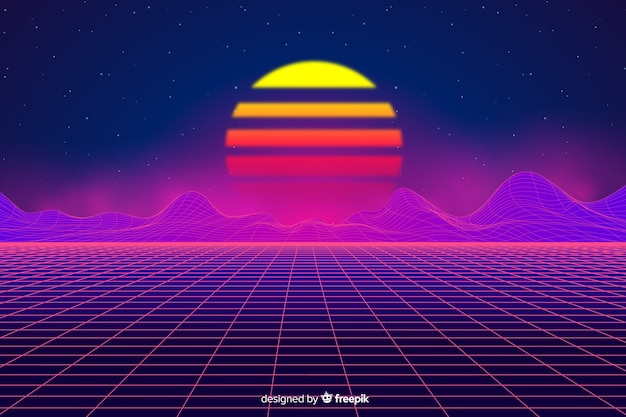 Free Vector futuristic landscape background retro style