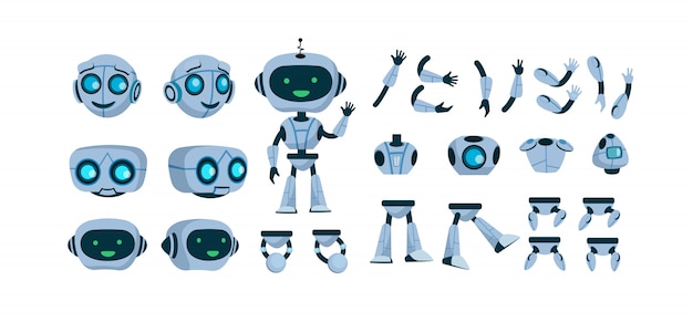 Futuristic robot constructor flat icon set