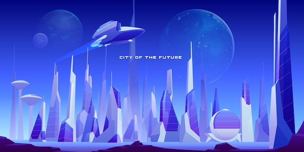 Free Vector futuristic urban landscape of city and spaceship