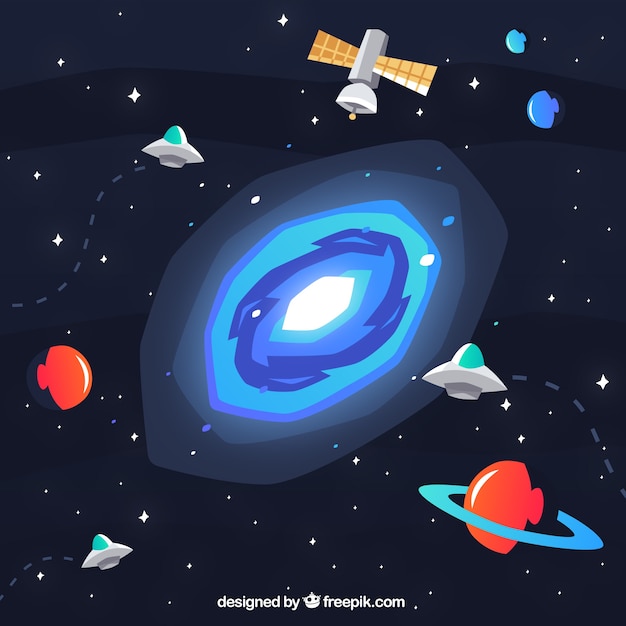 Galaxy background and planets in flat design