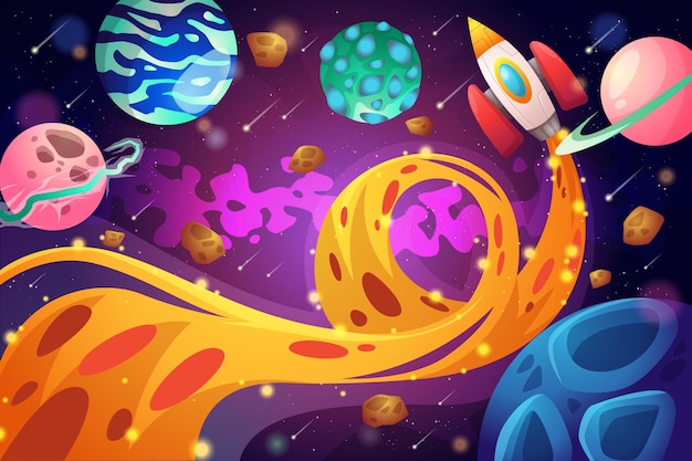 Galaxy background with colorful planets and rocket template