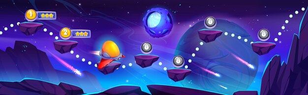 Free Vector galaxy space vector map level game ui background fantasy alien spaceship flying on asteroid platform road extraterrestrial concept for childish arcade videogame futuristic score interface asset