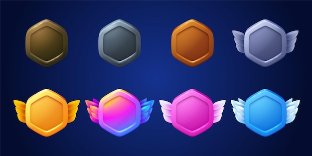 Game badges buttons in hexagon frame with wings