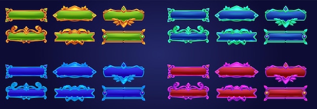 Game button gold frame ui cartoon fantasy design Fantasy banner element for rpg menu interface in pink red and blue color texture Title bar panel icon with ancient ornate border shape collection