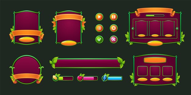 Game buttons and frames with green borders and leaves design elements and assets with plants for use...