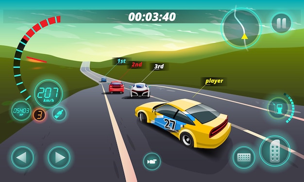 Free Vector in game competition continue player used high speed car for win in racing game.