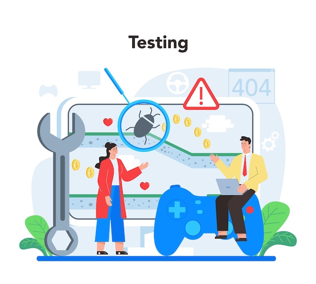 Game development concept Creative process of a computer video game design Digital technology programming codding and testing Isolated flat vector illustration