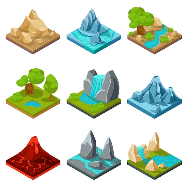 Game ground vector items. Nature stone game, landscape cartoon interface game, rock and water layer game illustration