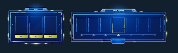 Free vector game hud frames in sci fi style for shop and daily reward. vector futuristic design of game gui elements with buttons and blue border isolated on black background