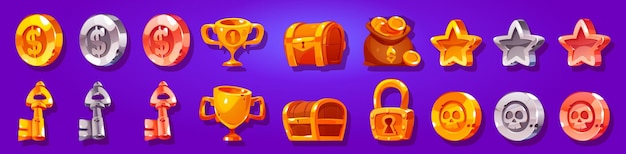 Game icons cartoon coins of gold silver and bronze with skull or dollar Golden trophy cup rate stars treasure chest padlock and money sack Award medals for user experience Vector gui graphic set