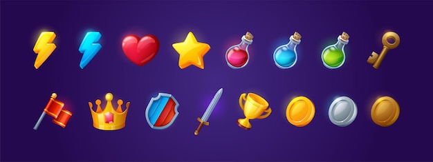 Game icons with heart, lightning, coins and star