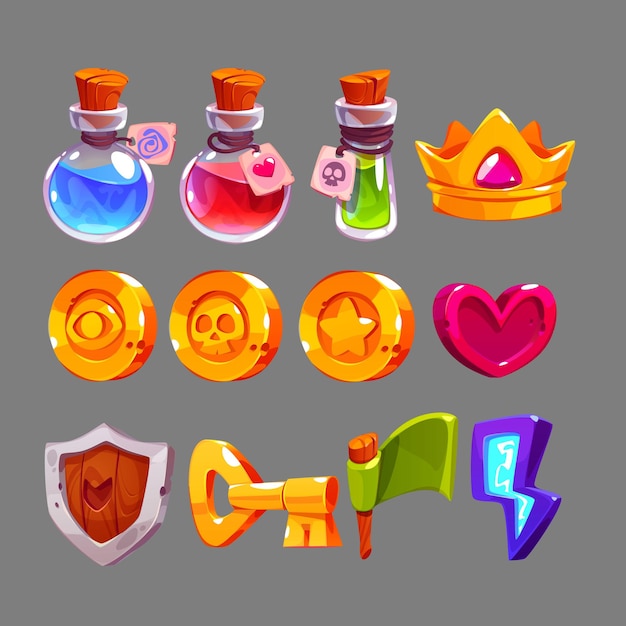 Game icons with potions gold crown heart coins