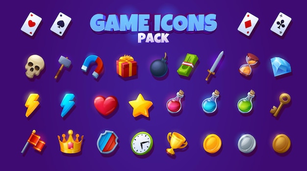 Game icons with signs of key playing cards money