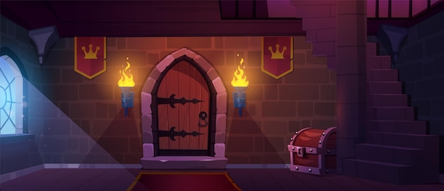 Game medieval wooden castle door to prison cartoon background Fire with torch on wall treasure chest and gate with stone brick masonry ancient interior Vintage fortress with stairs and column