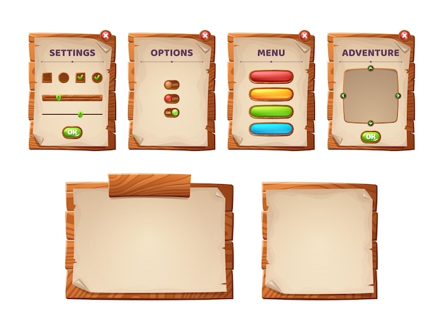 Game ui scrolls, wooden boards and antique parchments cartoon menu interface, wood textured planks, gui graphic design elements. User panel with settings, options or adventure isolated 2d vector set