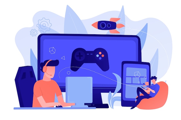 Free vector gamers play video game on different hardware platforms. cross-platform play, cross-play and cross-platform gaming concept