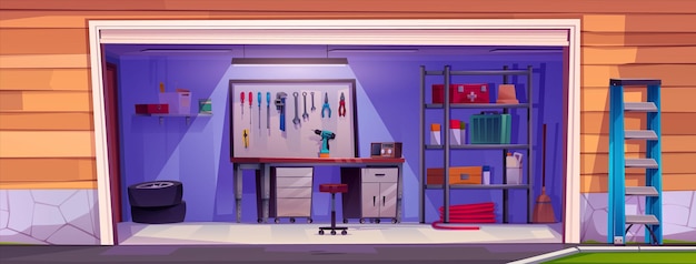 Free Vector garage interior with mechanic tools vector cartoon illustration of home workshop design repair equipment on shelves wrenches on wall radio and screwdriver on desk metal drawer for instruments