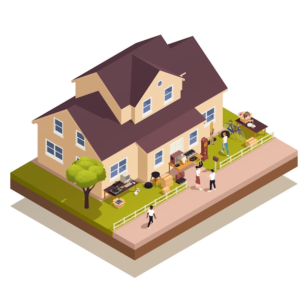 Free Vector garage sale and flea market composition with isometric house and people shopping outdoors vector illustration