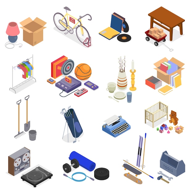 Free Vector garage sale isolated icons set with flea market symbols isolated vector illustration