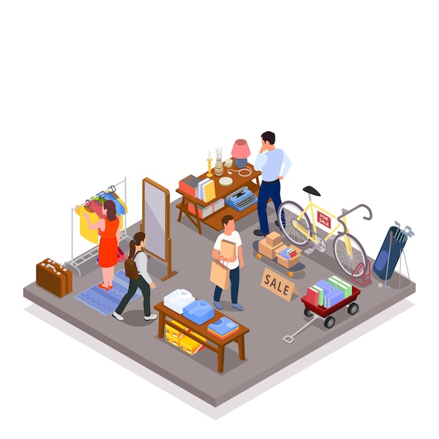 Garage sale isometric concept with people buying vintage goods vector illustration