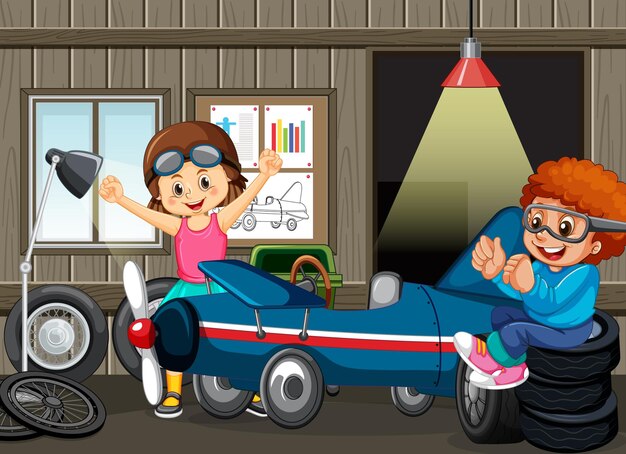 Garage scene with children fixing a car together