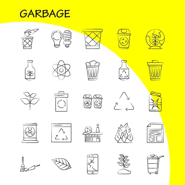 Free vector garbage hand drawn icon for web print and mobile uxui kit such as atom energy power green bottle arrow energy recycle pictogram pack vector