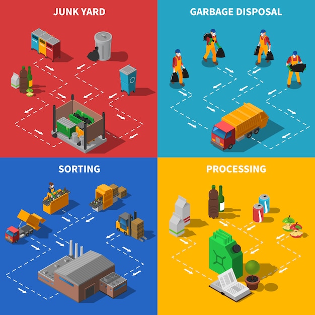 Free vector garbage recycling isometric concept icons set