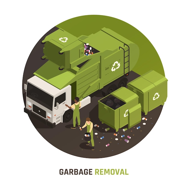 Free vector garbage removal round illustration with people in uniform loading litter into truck